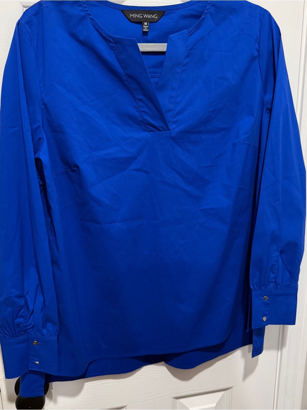 Ming Wang Royal Blue Tunic Blouse Medium Split Neck Stretch Career Top
